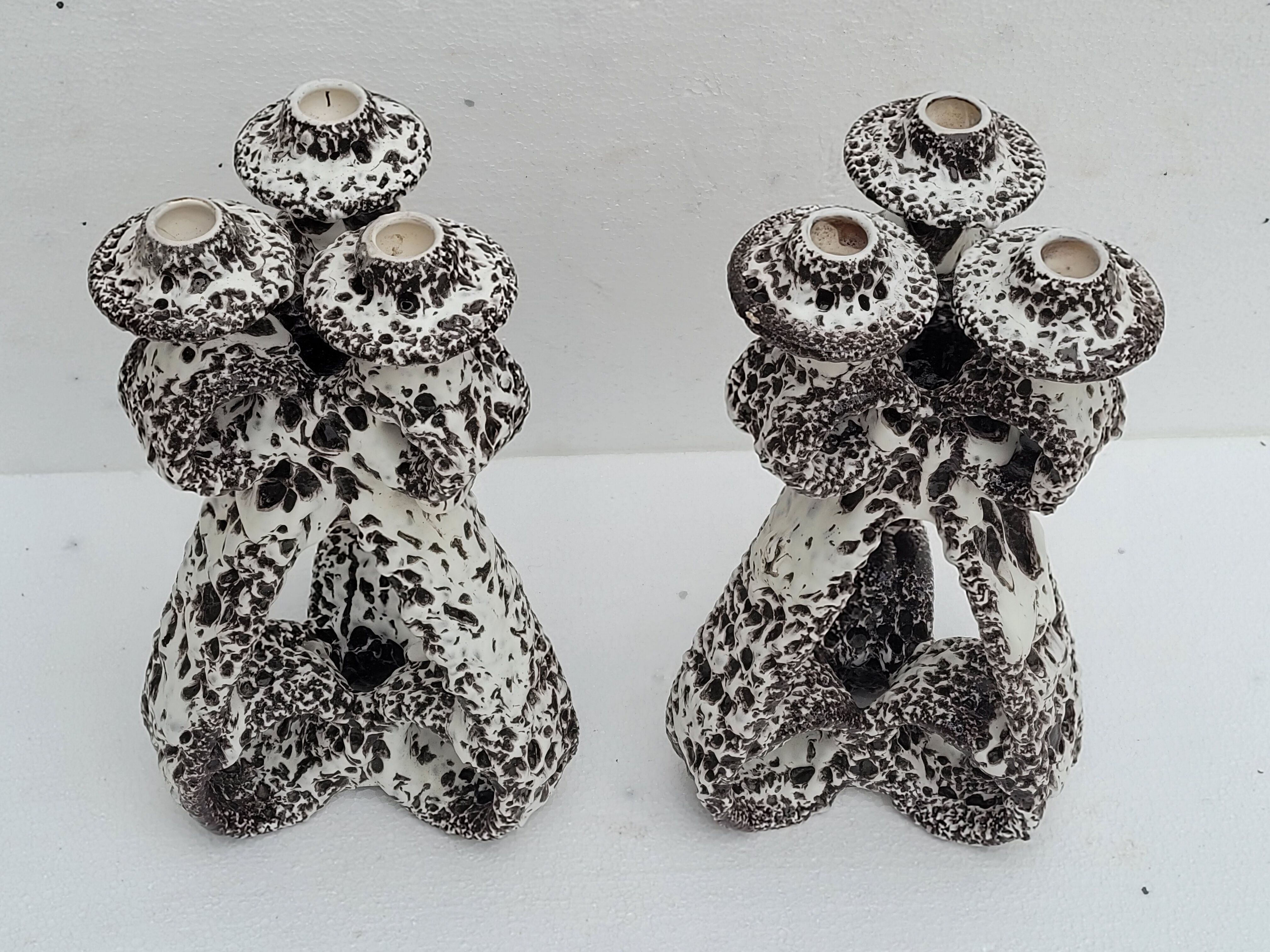 Pair of three-burner candelabra candlesticks by Marius Giuge glazed ceramic Vallauris 1950