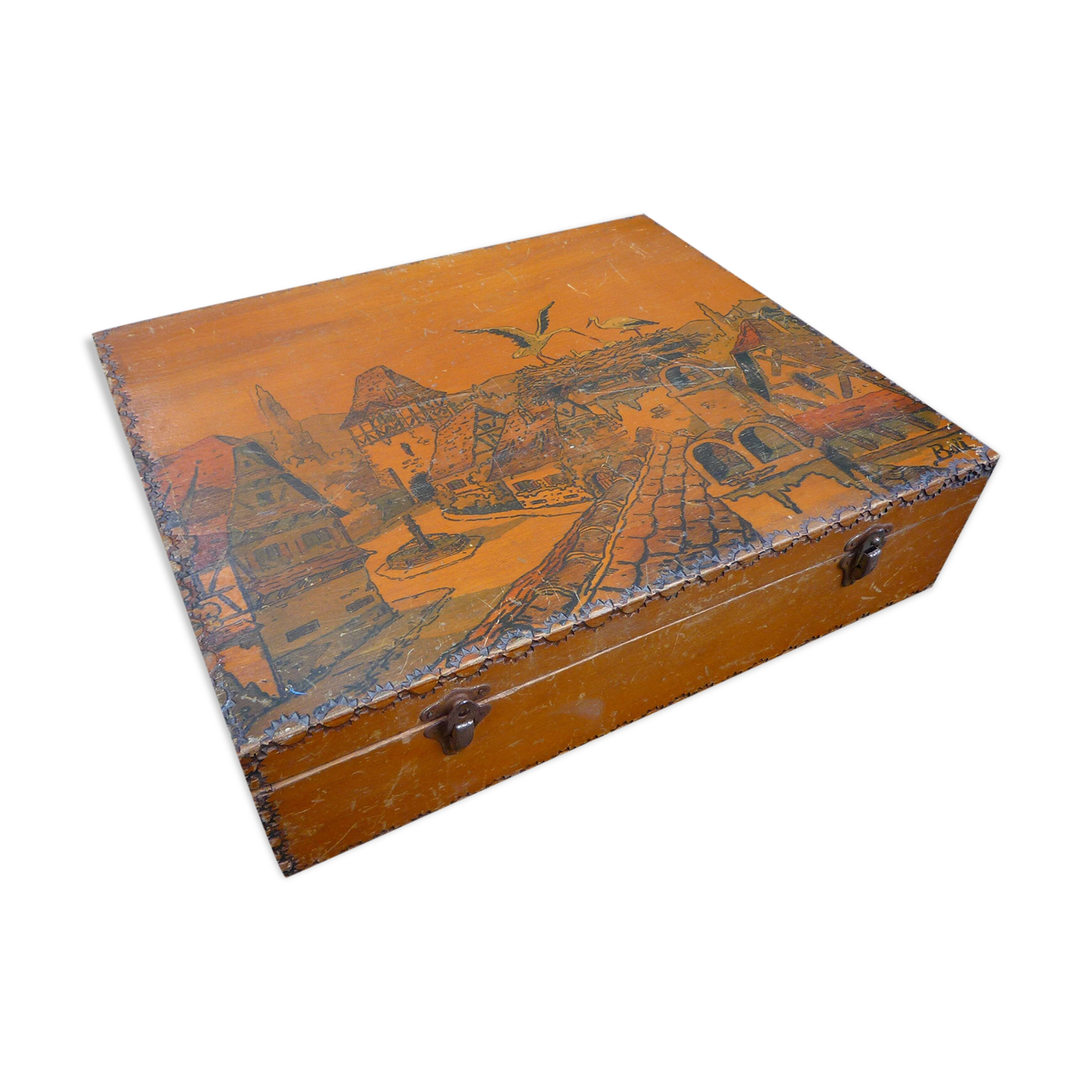 Large wooden box / case Alsatian decoration, mid-twentieth century