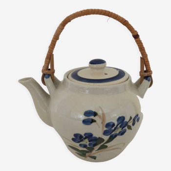 Théière chinoise en céramique motif fleuri avec anse en rotin