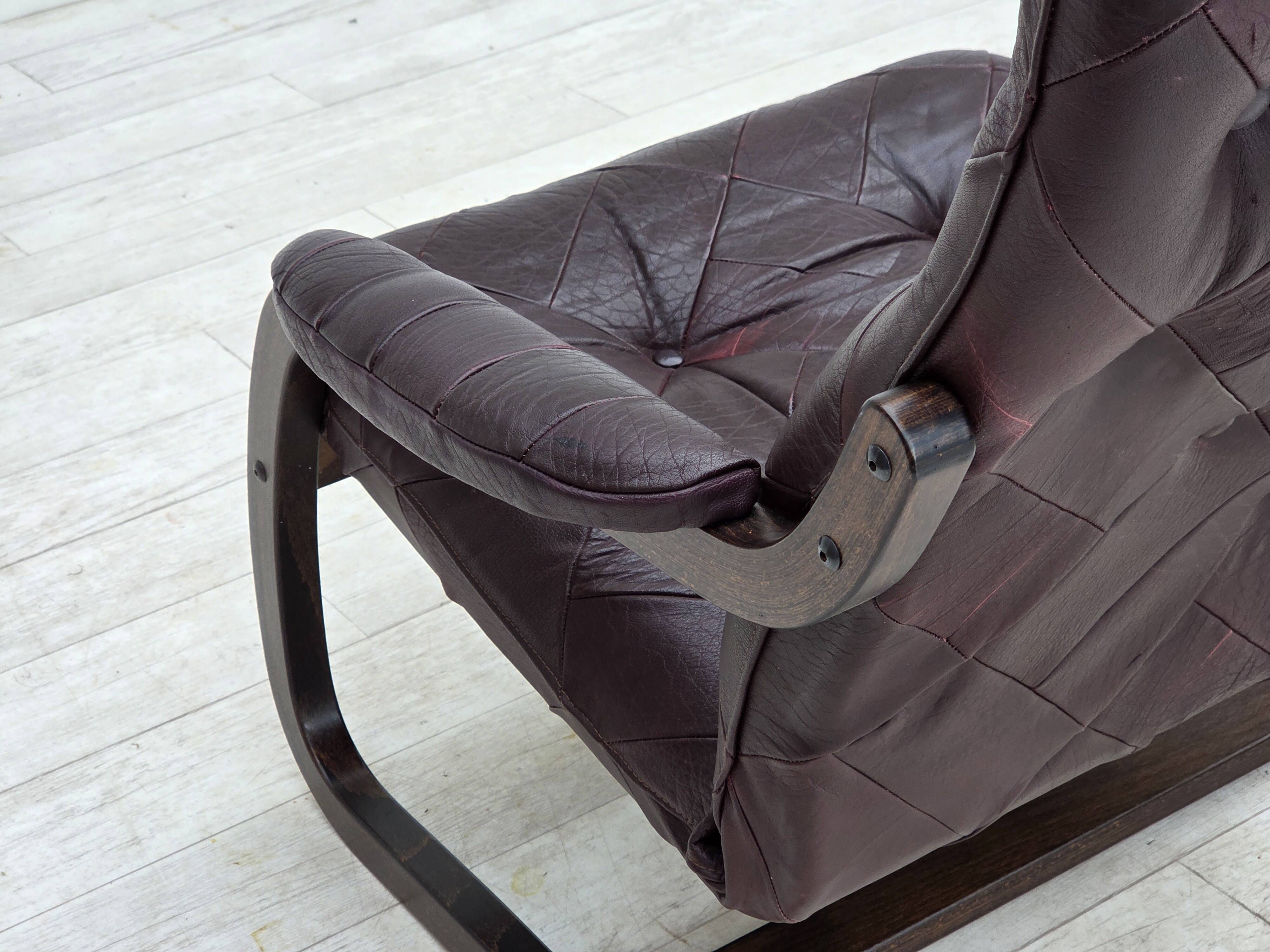1970s, Scandinavian armchair, brown furniture leather, bent wood.