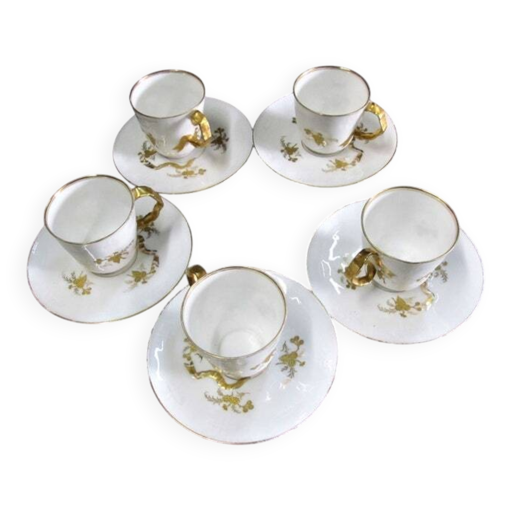 5 X Antique Limoges Porcelain Coffee Cups pairs Gold Ribbon Handle, 1890s