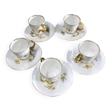 5 X Antique Limoges Porcelain Coffee Cups pairs Gold Ribbon Handle, 1890s