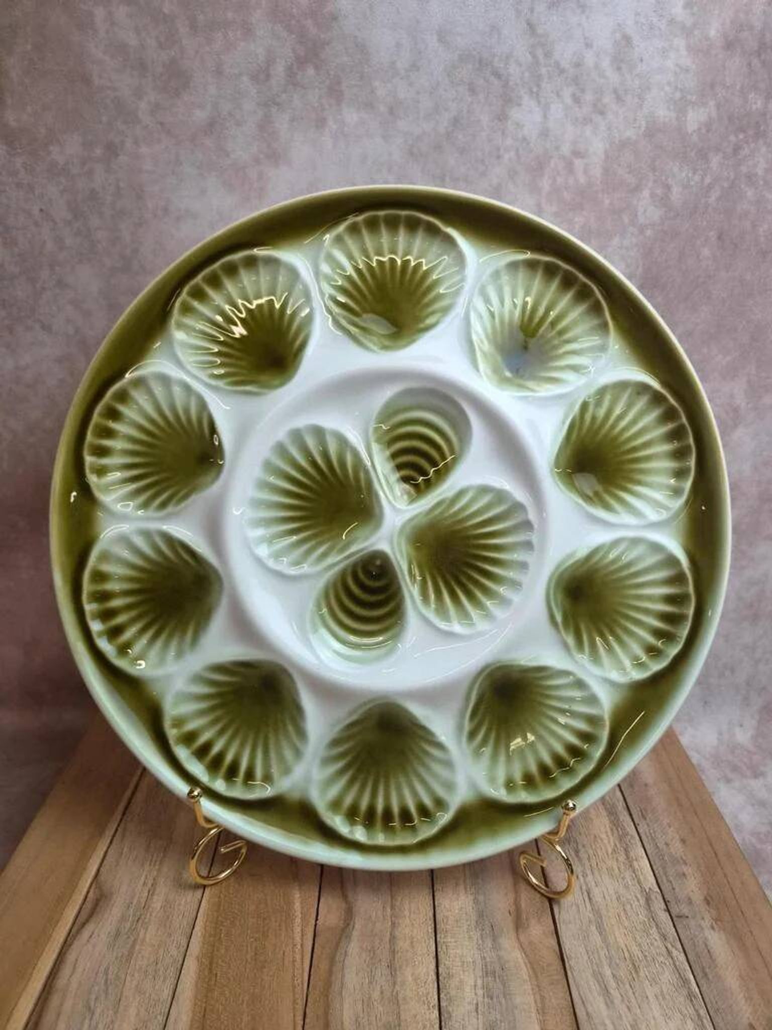 Vintage green earthenware oyster platter – probably Saint-Amand – 35.5 cm