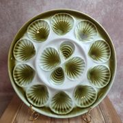 Vintage green earthenware oyster platter – probably Saint-Amand – 35.5 cm