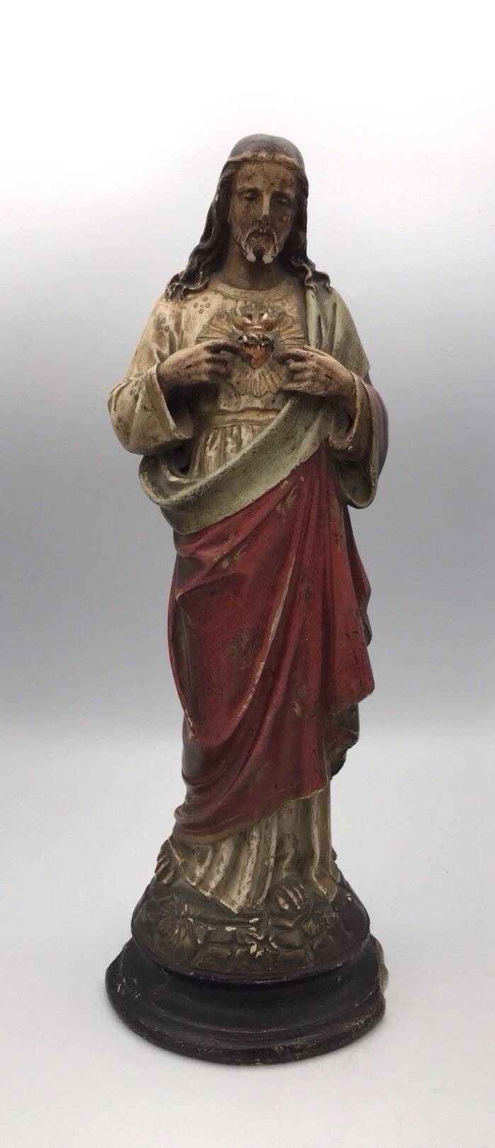 SACRED HEART of Jesus, polychrome plaster religious statue signed 19th century.
