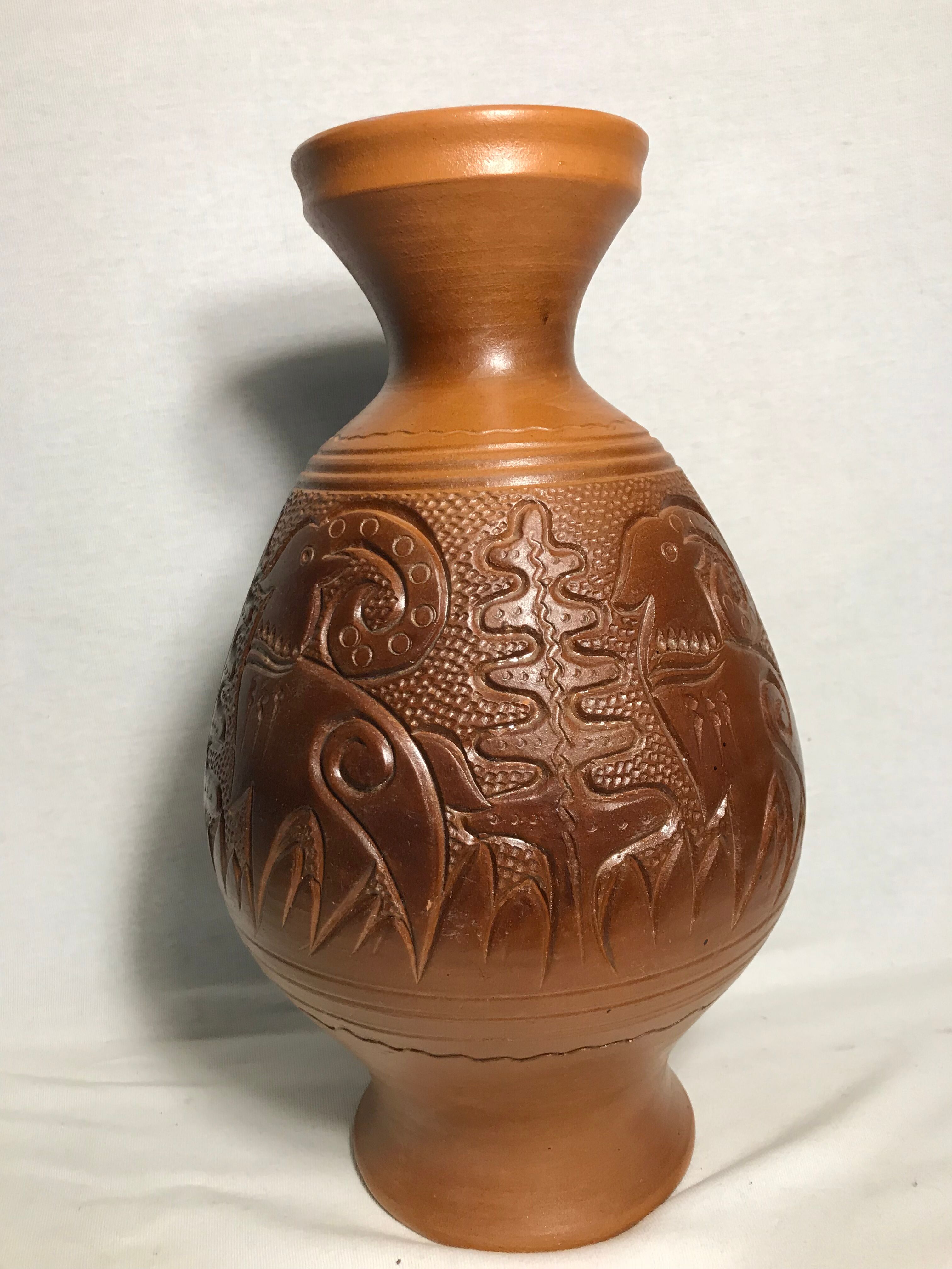 Old terracotta vase carved interior black vintage