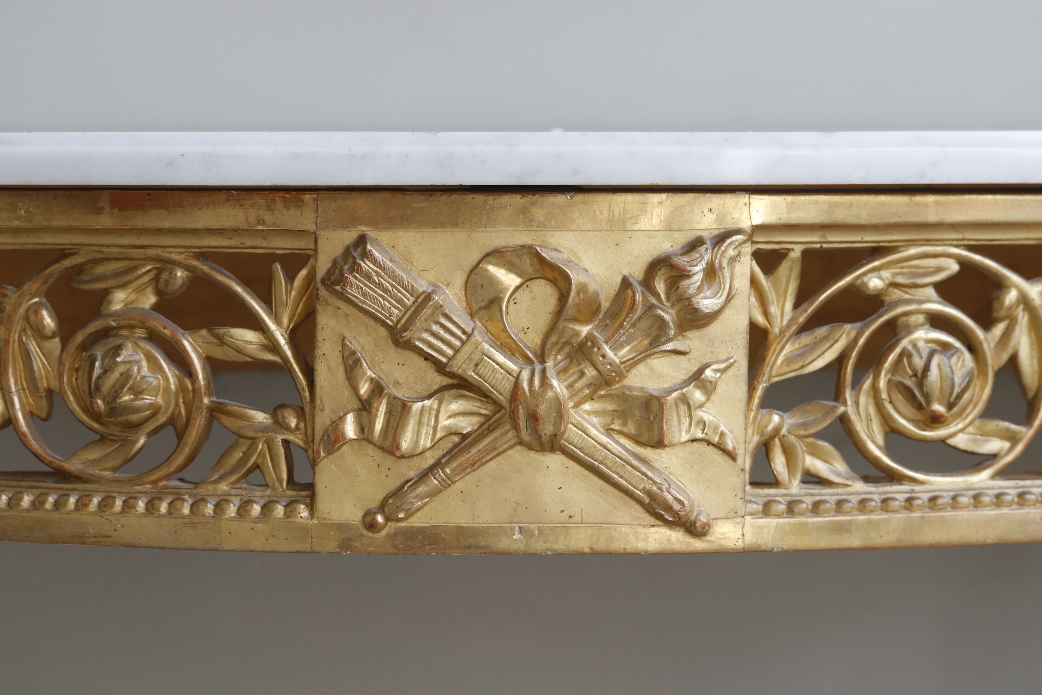 Louis XVI-style gilded wooden console, half-moon in shape