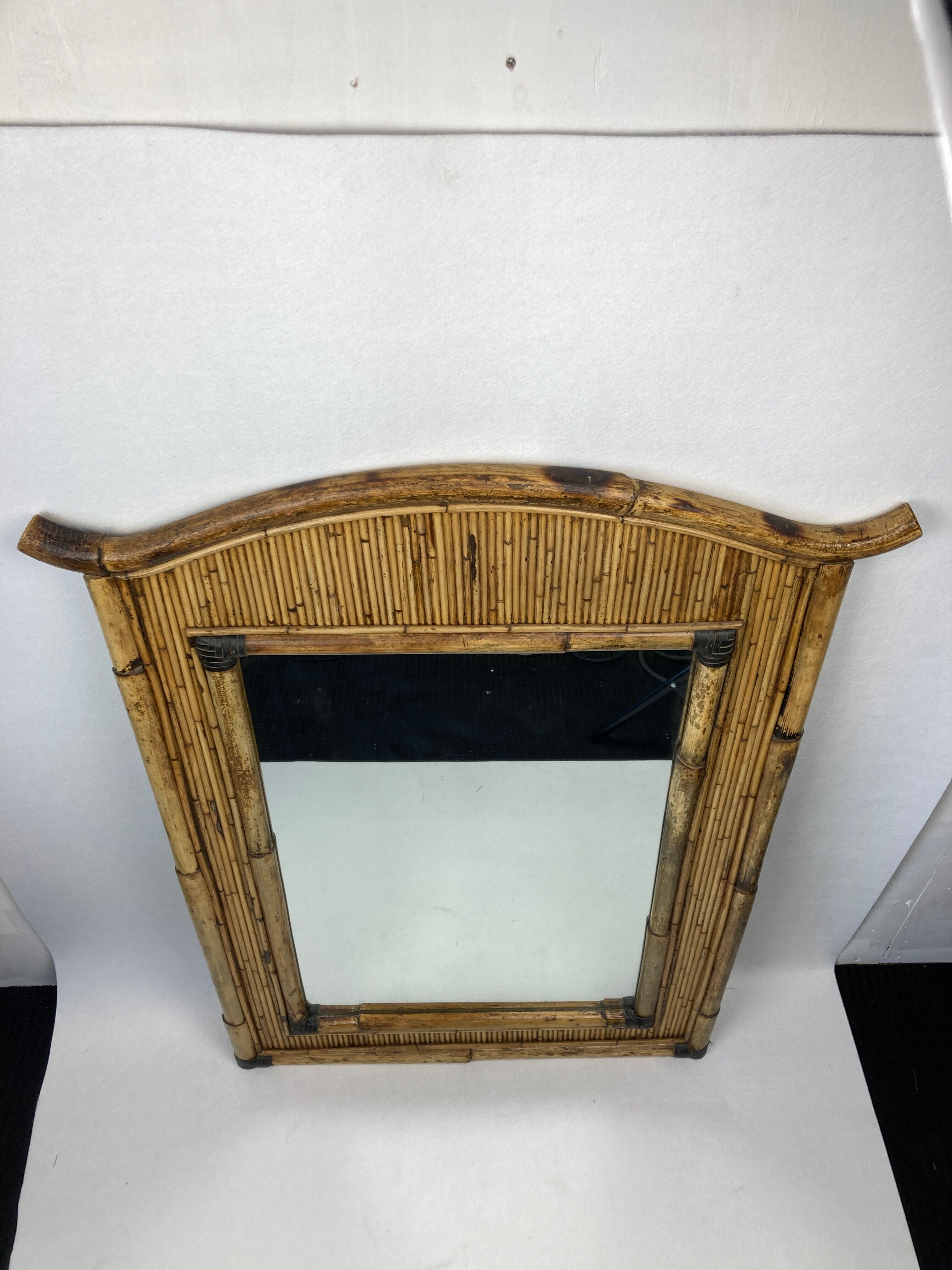Midcentury palm regency bamboo rattan pencil reed mirror