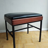 Modernist stool teak metal and black leatherette