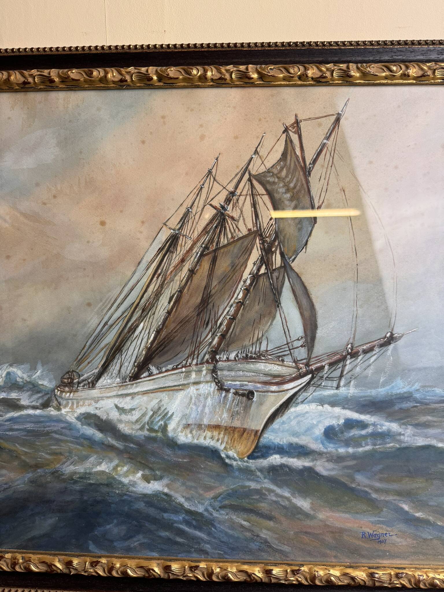 Frederick r. wagner (1937) (1864-1940): watercolor sailboat on the open sea