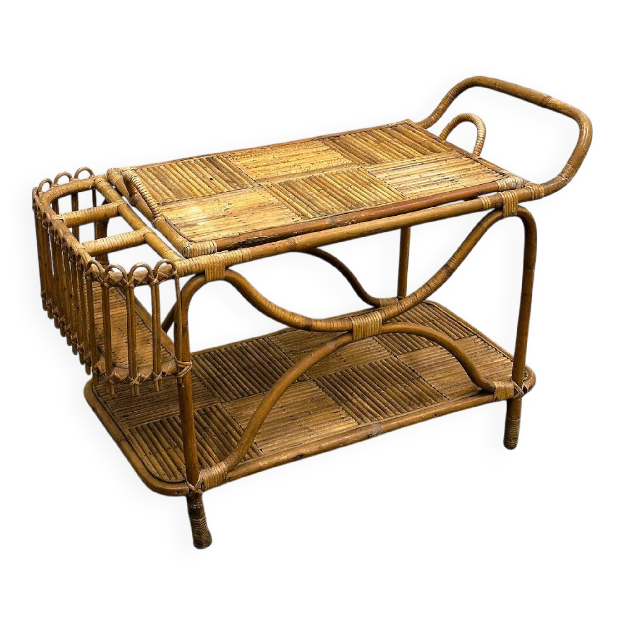 Rare large French Riviera rattan bar cart with bottle holder, 1960s