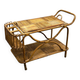 Rare large French Riviera rattan bar cart with bottle holder, 1960s