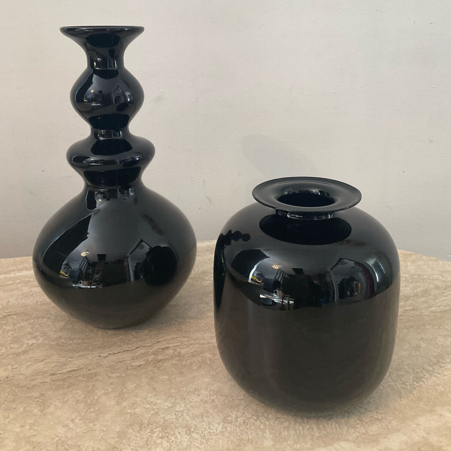 Duo of black opaline vases from the 60s and 70s