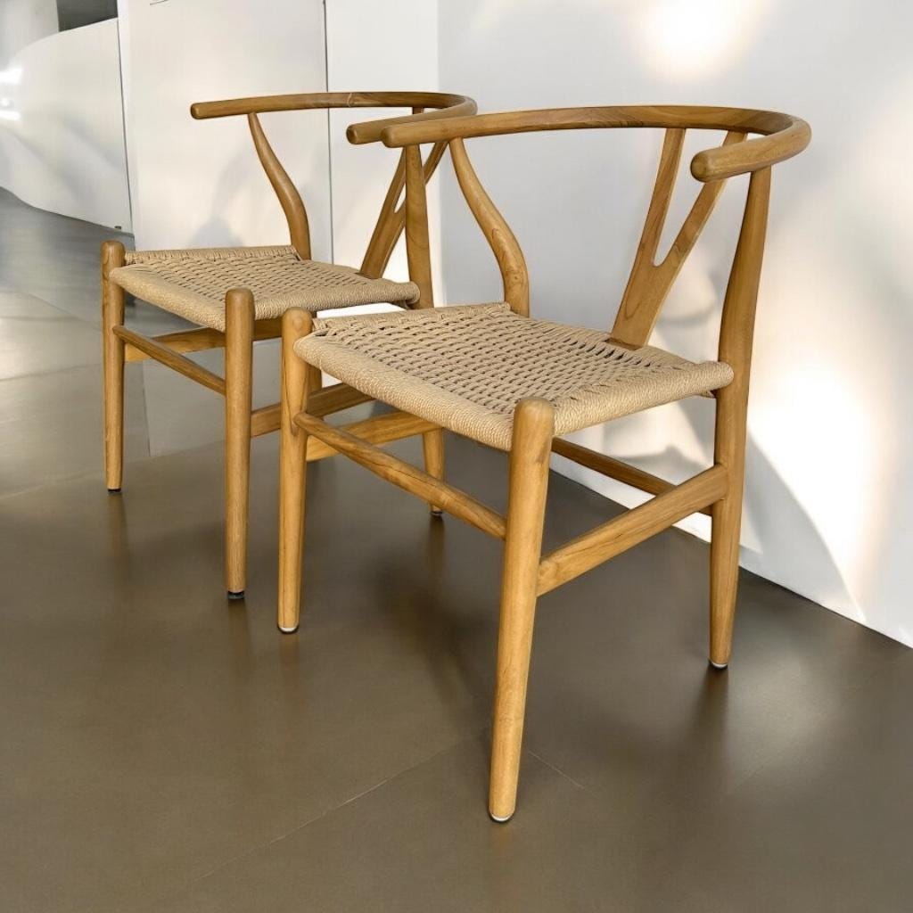 2 teak and rope dining chairs