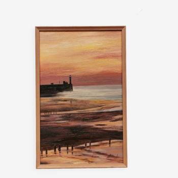 Tableau , huile hsp signée accl . paysage bord de mer , couché de soleil