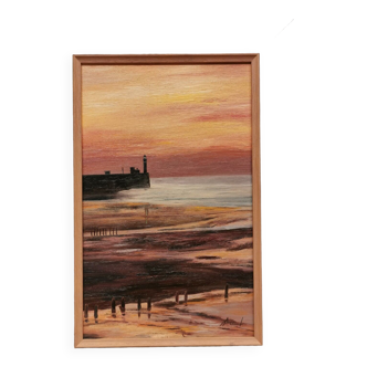 Tableau , huile hsp signée accl . paysage bord de mer , couché de soleil