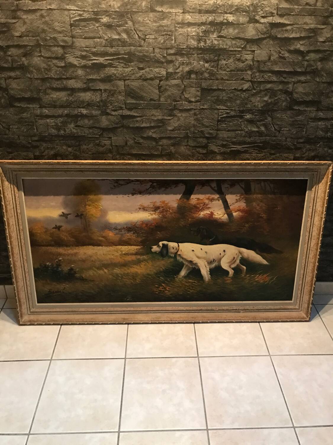 Large old painting of Brittany spaniel hunting dogs, signed Breuil