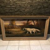 Grand Tableau ancien chiens de chasse épagneul Breton, signé breuil