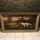 Large old painting of hunting dogs, Breton spaniel, signed Breuil.