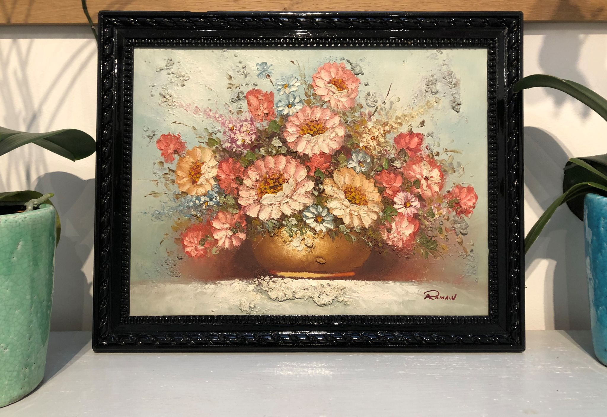 Ancient painting signed romain of a bouquet of flowers in a vase