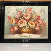 Ancient painting signed romain of a bouquet of flowers in a vase