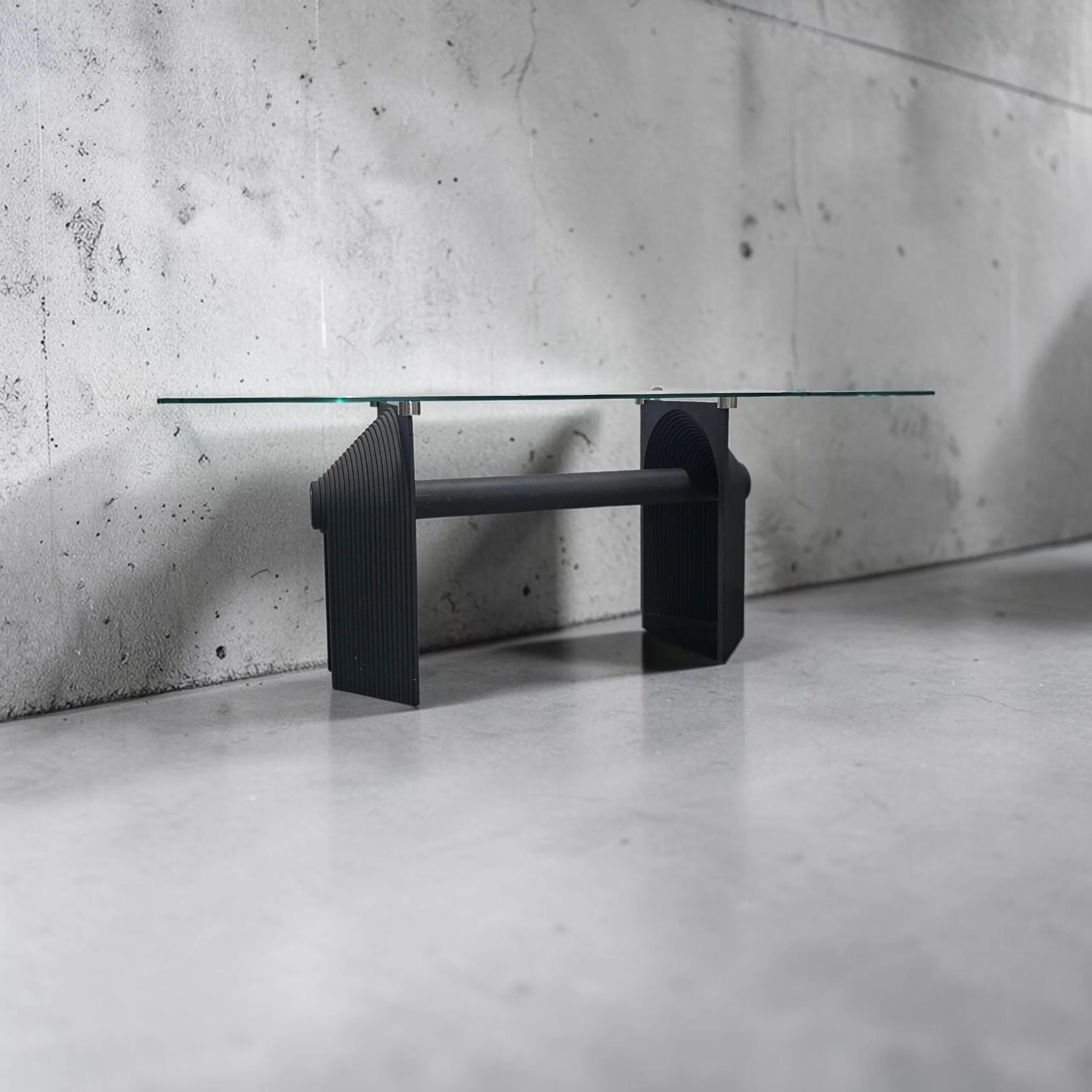 Post Modern Cast Iron Black Dining Table or Desk with Glass Top / 1980s