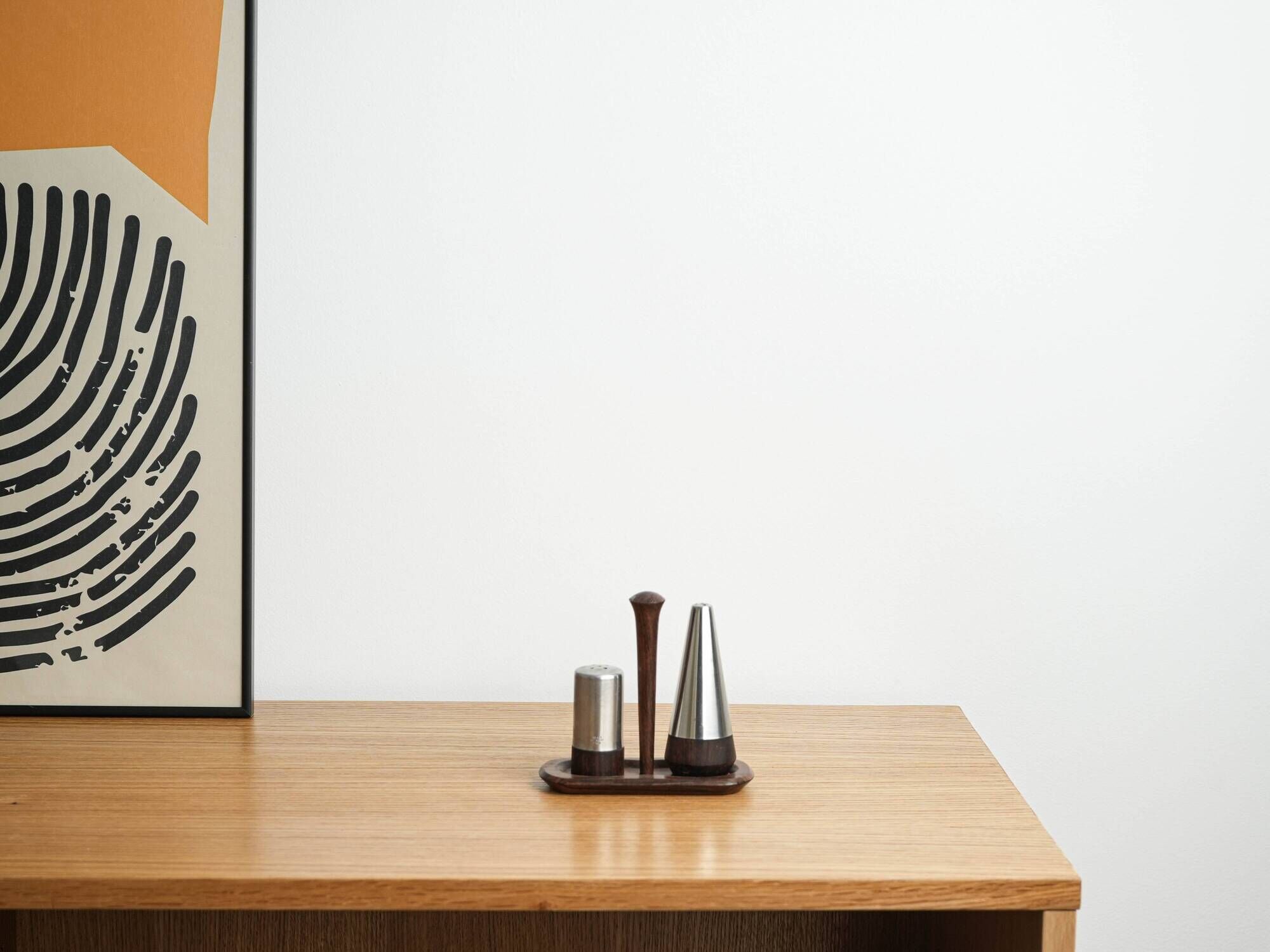 Danish salt and pepper set in wood and steel with tray, 1970s