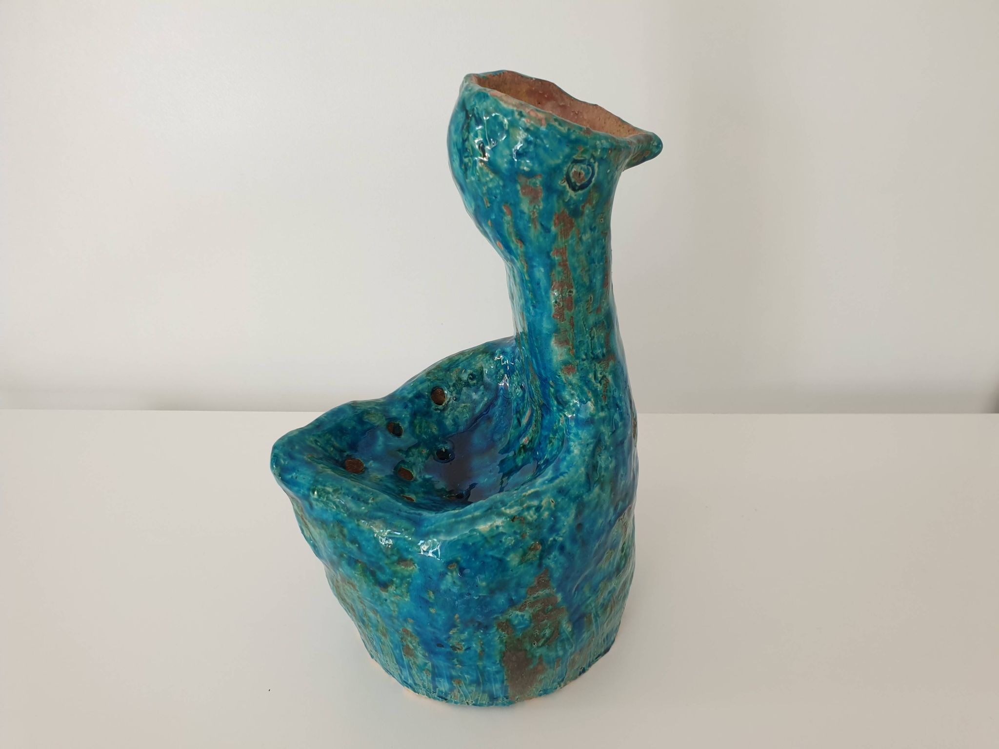 Brutalist Zoomorphic Bird Ceramic Flower Vase Signed NICOLE