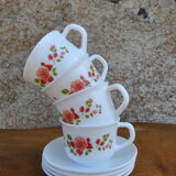 Series of 4 cups et under cups pink patterns Arcopal 80s