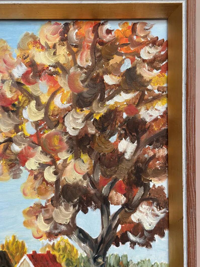 Original Swedish Oil on Canvas - "Autumn Tree" by J. Nilsson - Vintage and Framed - 49 × 38 cm