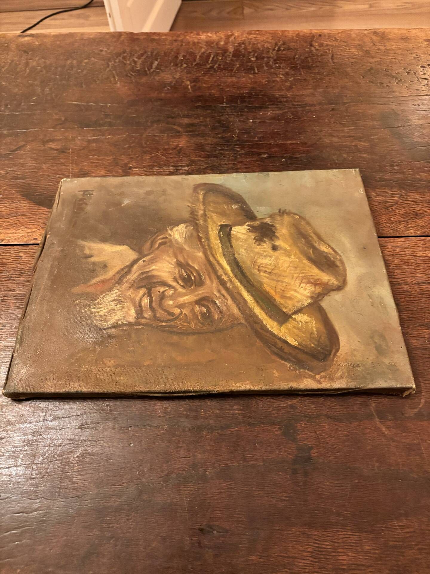 Old Table Oil on Canvas: Portrait of a Man in a Hat