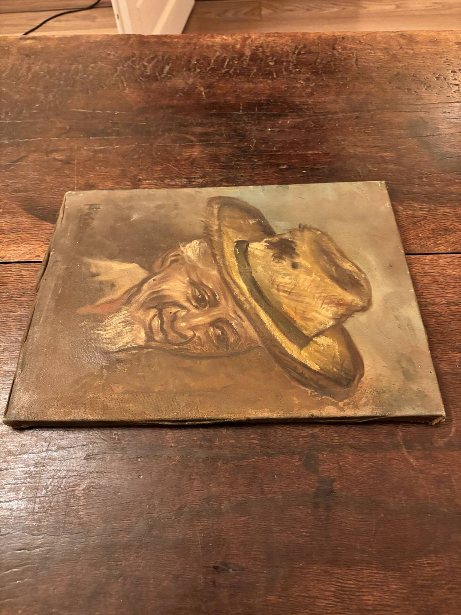 Old Table Oil on Canvas: Portrait of a Man in a Hat
