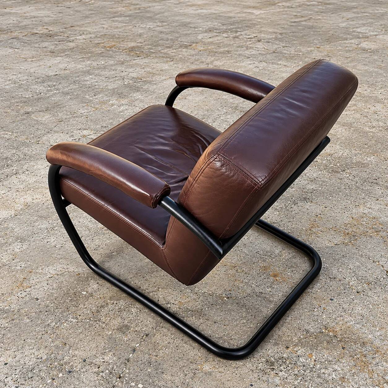 2 x dark brown / bordeaux red / weighty leather club chairs / 1980s
