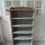Small vintage bookcase, 5 fixed shelves, interior sublimated in verdigris, waxed finish.
