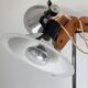 Three-light floor lamp in wood and chrome metal, Spain 1970s.