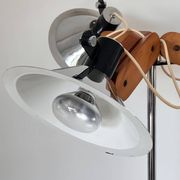Three-light floor lamp in wood and chrome metal, Spain 1970s.