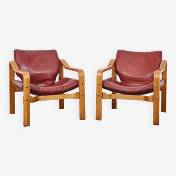 Vintage, Leather and Plywood Andy Armchairs by Janos Bodnar, Hungary, 1977, Set of 2