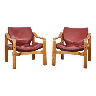 Vintage, Leather and Plywood Andy Armchairs by Janos Bodnar, Hungary, 1977, Set of 2