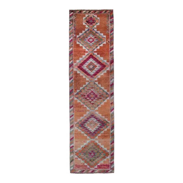 1970s Turkish Handmade Orange Diamond Wool Runner Rug 87x325