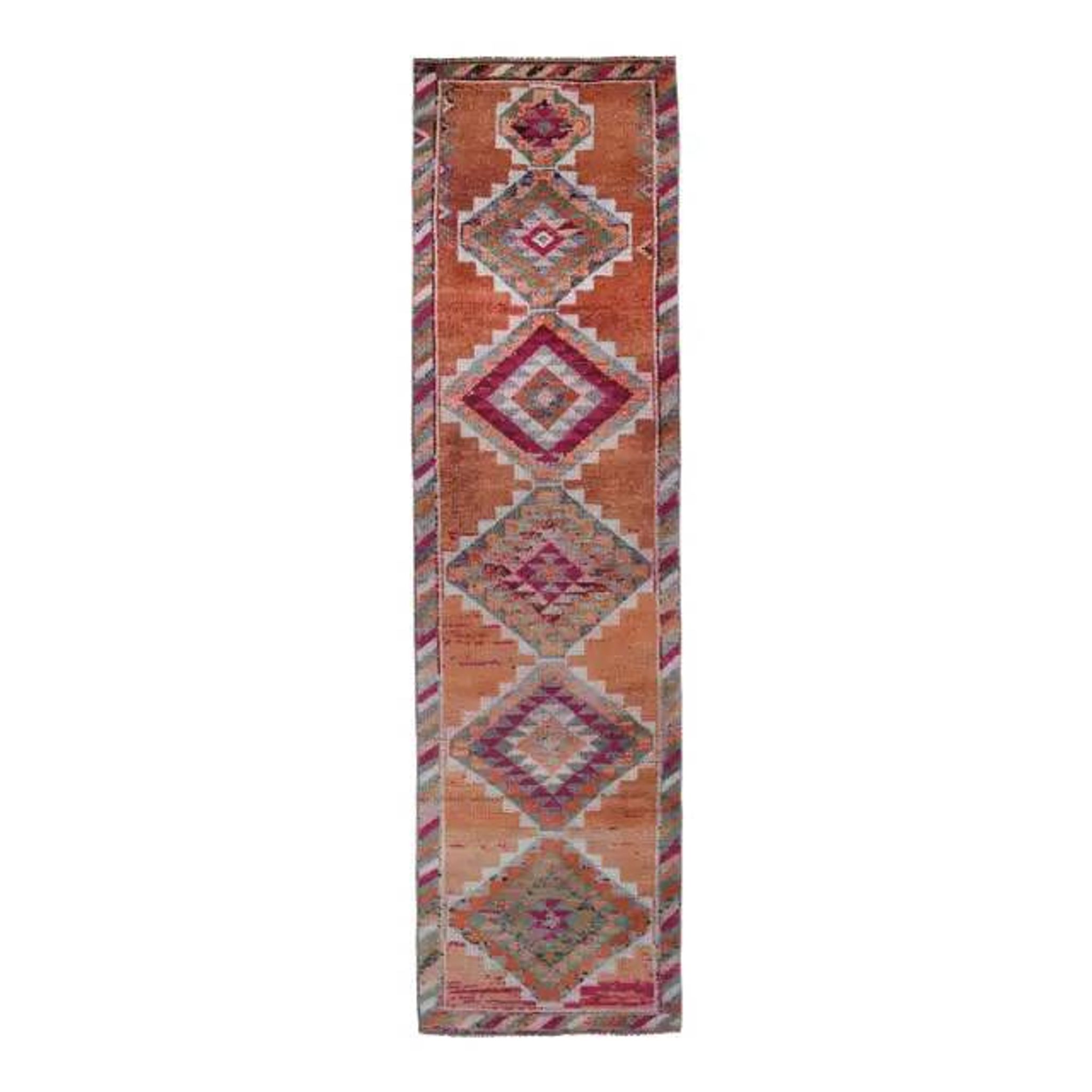 1970s Turkish Handmade Orange Diamond Wool Runner Rug 87x325