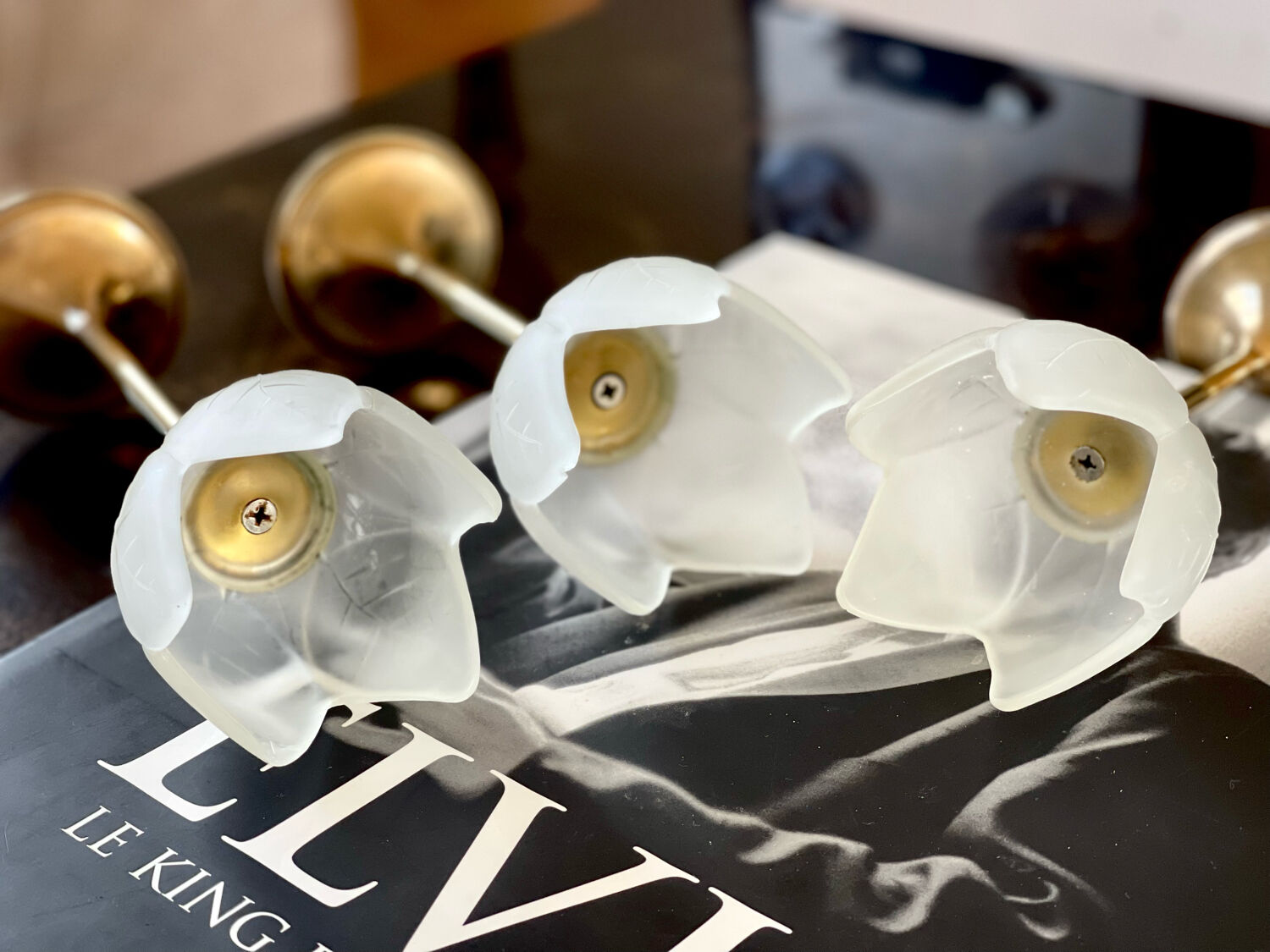 3 glass and brass candle holders