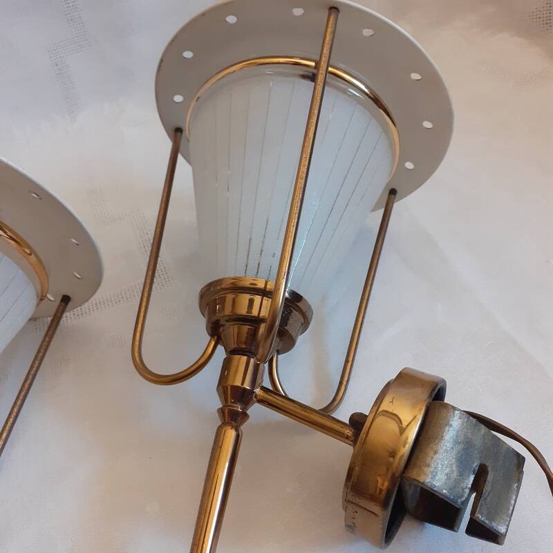 pair of wall-mounted torch lights corner 1950-1960 Arlus or Lunel glass metal