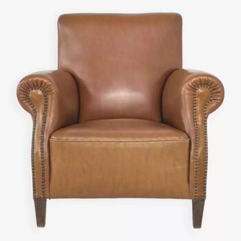 Fauteuil club années 50 en simili cuir et bois