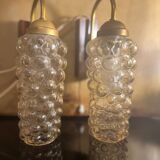 Set of 2 vintage wall lights, Danish teak, brass and bubble glass, Helena Tynell style, 1960s.