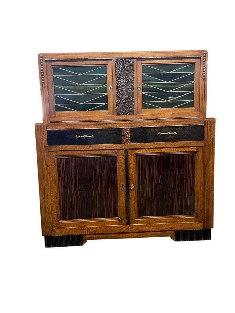 Vintage Art Deco display cabinet in wood with green stained glass.