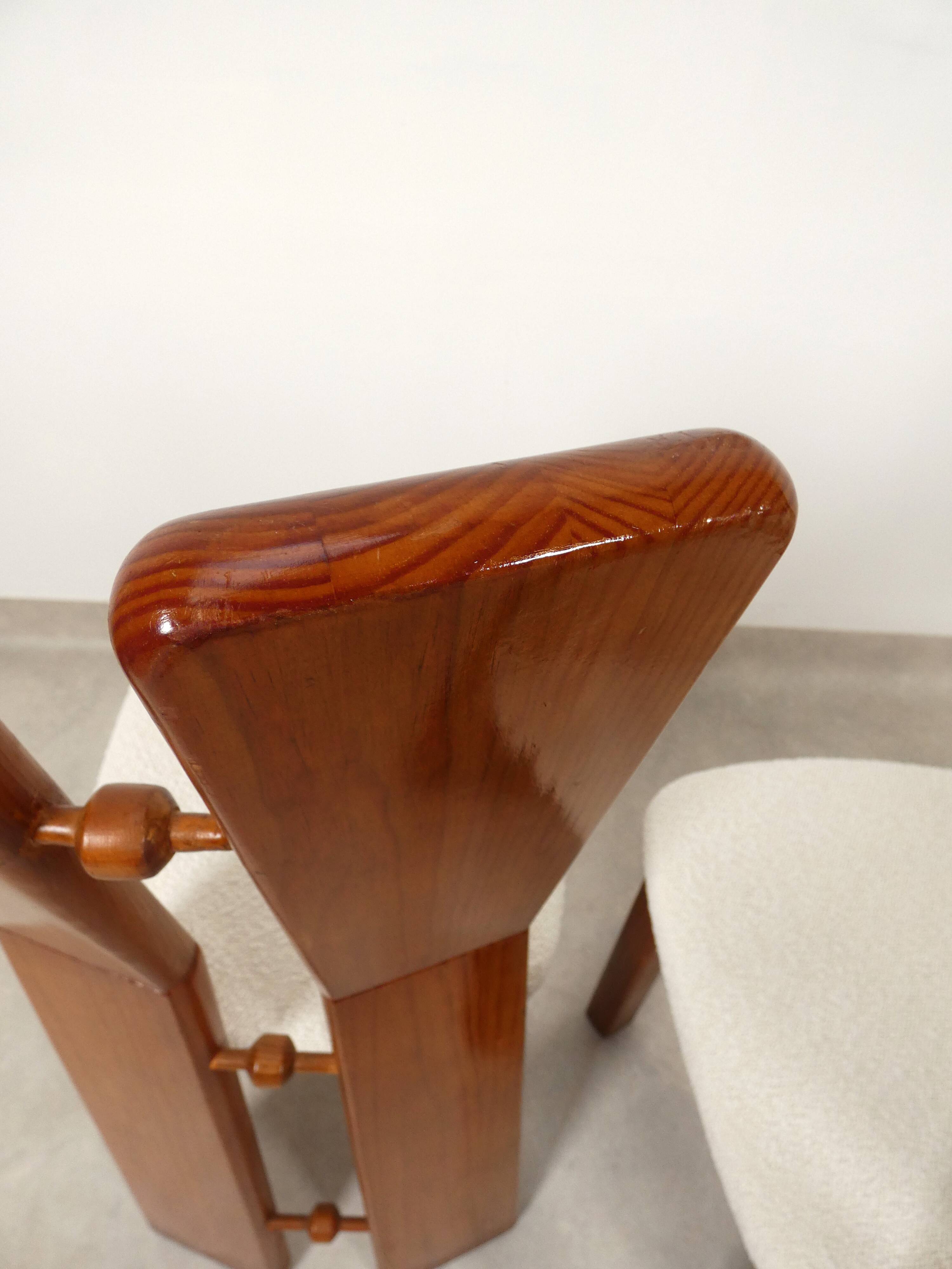 70's brutalist dining chairs in oak with bouclé fabric