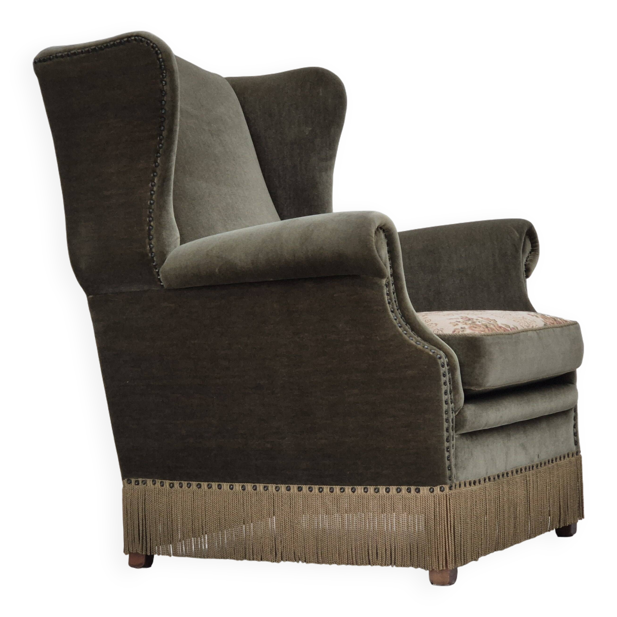 1970s, Danish highback armchair, original condition, furniture velour, double sided seat cushion.