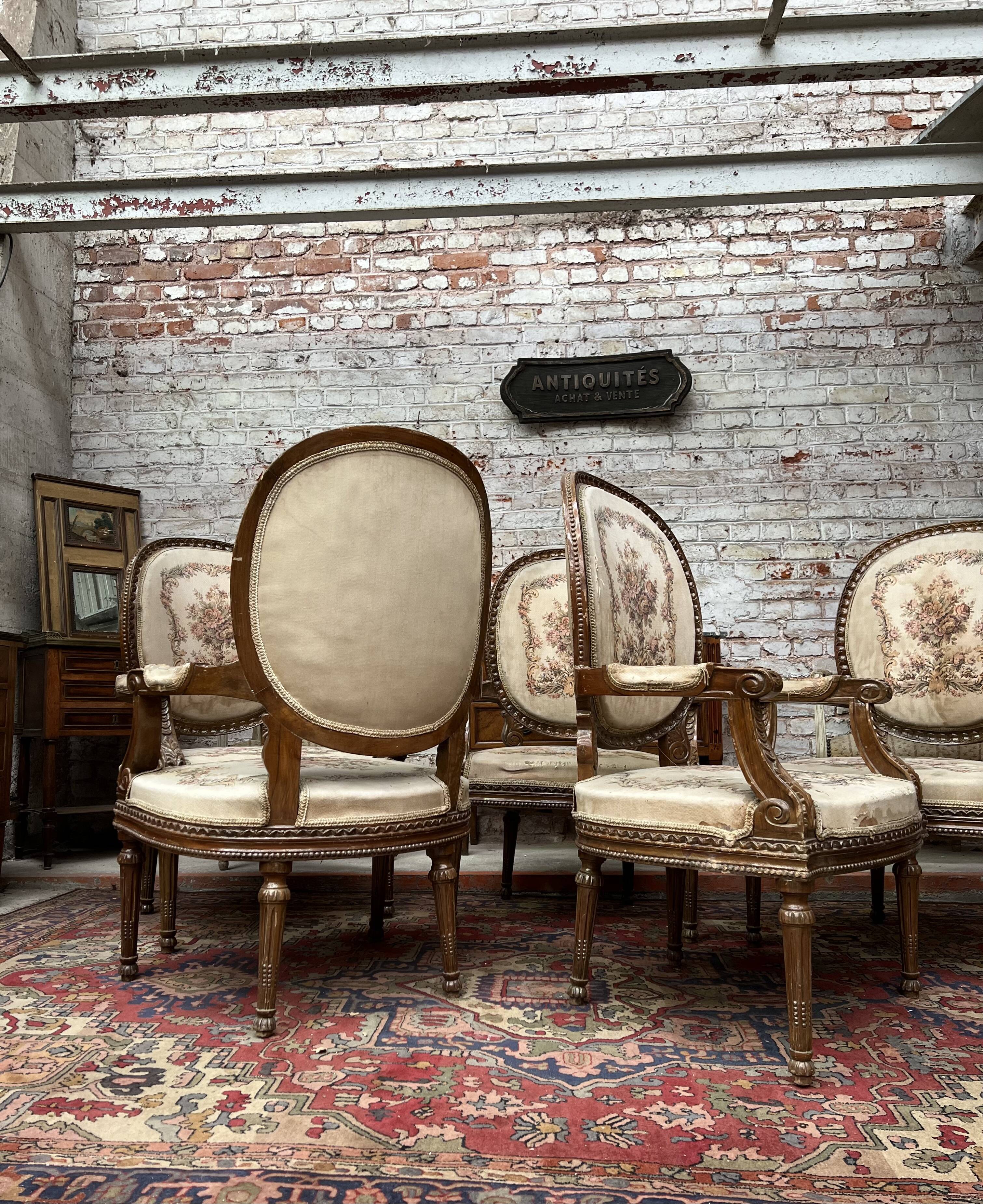 Suite of Five Armchairs with Back Medallion Louis XVI Style