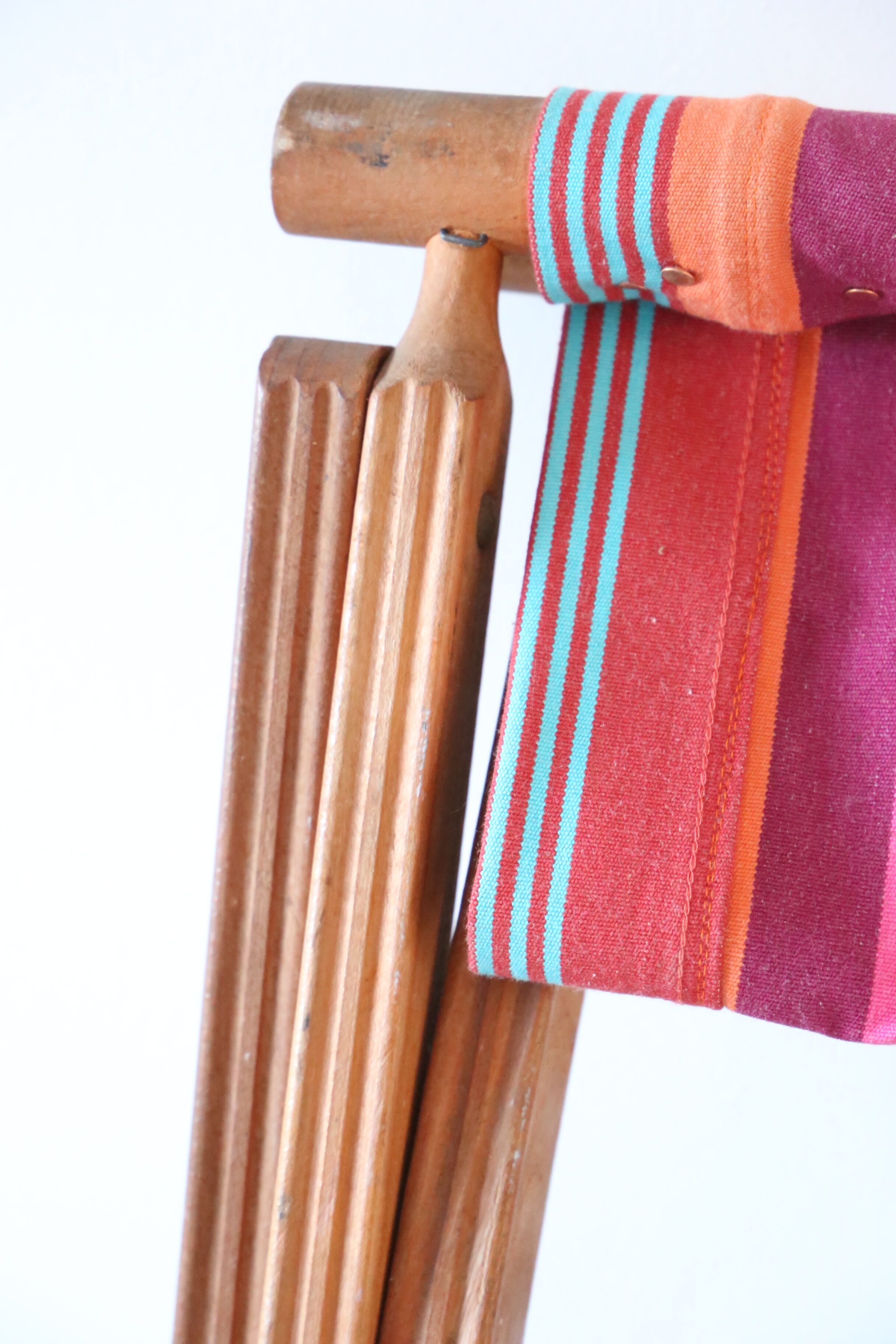 Folding chair, striped fabrics, wood, vintage
