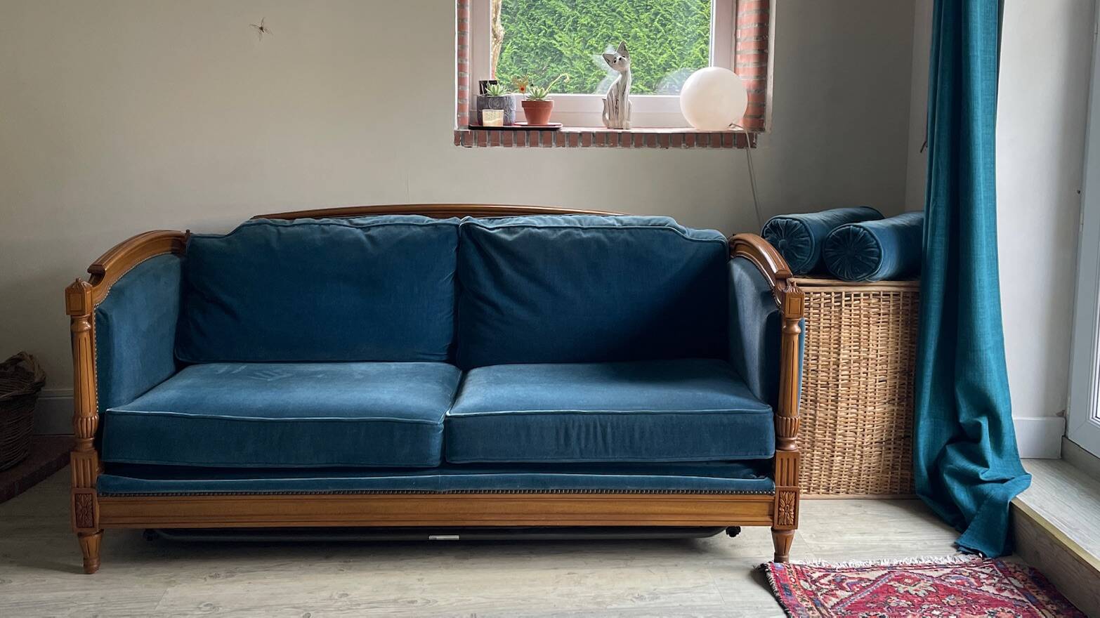 Jean Roche Vintage Wood and Velvet Sofa